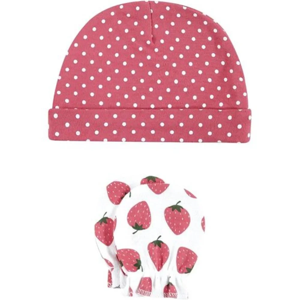 Baby Strawberry Pink Unisex Baby‎ Cotton Cap and Scratch Mitten Set for Girls